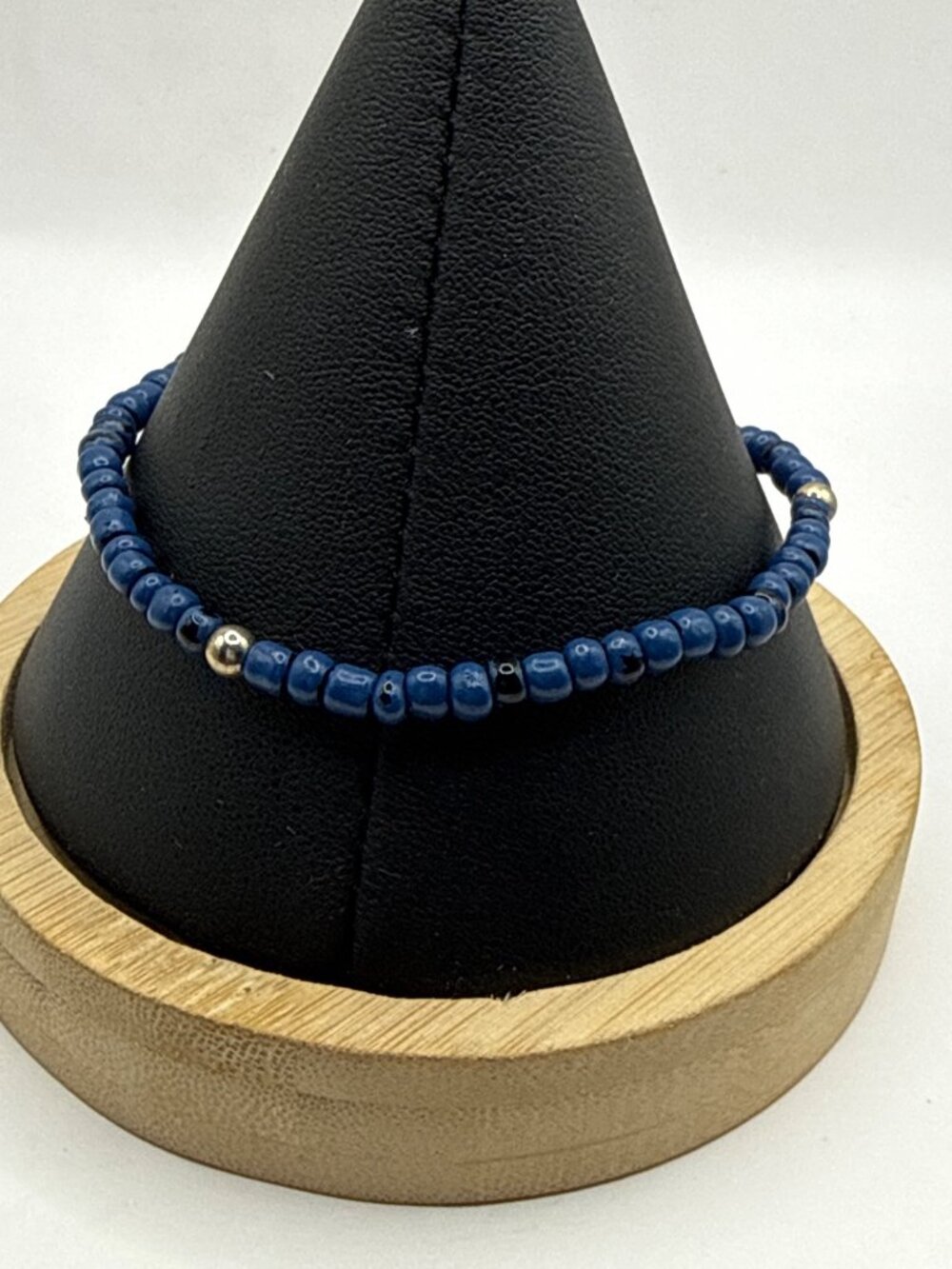 Dainty Deep Blue Lapis Seed Bead Bracelet Gold Accent Minimalist Boho Stackable - Picture 3 of 3